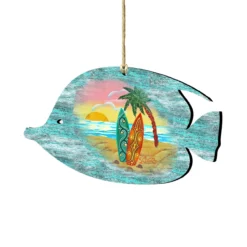 Set Of 2 Fish Beach Scene Wooden Christmas Ornaments 5.5"