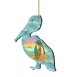 Set Of 2 Pelican Beach Scene Wooden Christmas Ornaments 5.5"