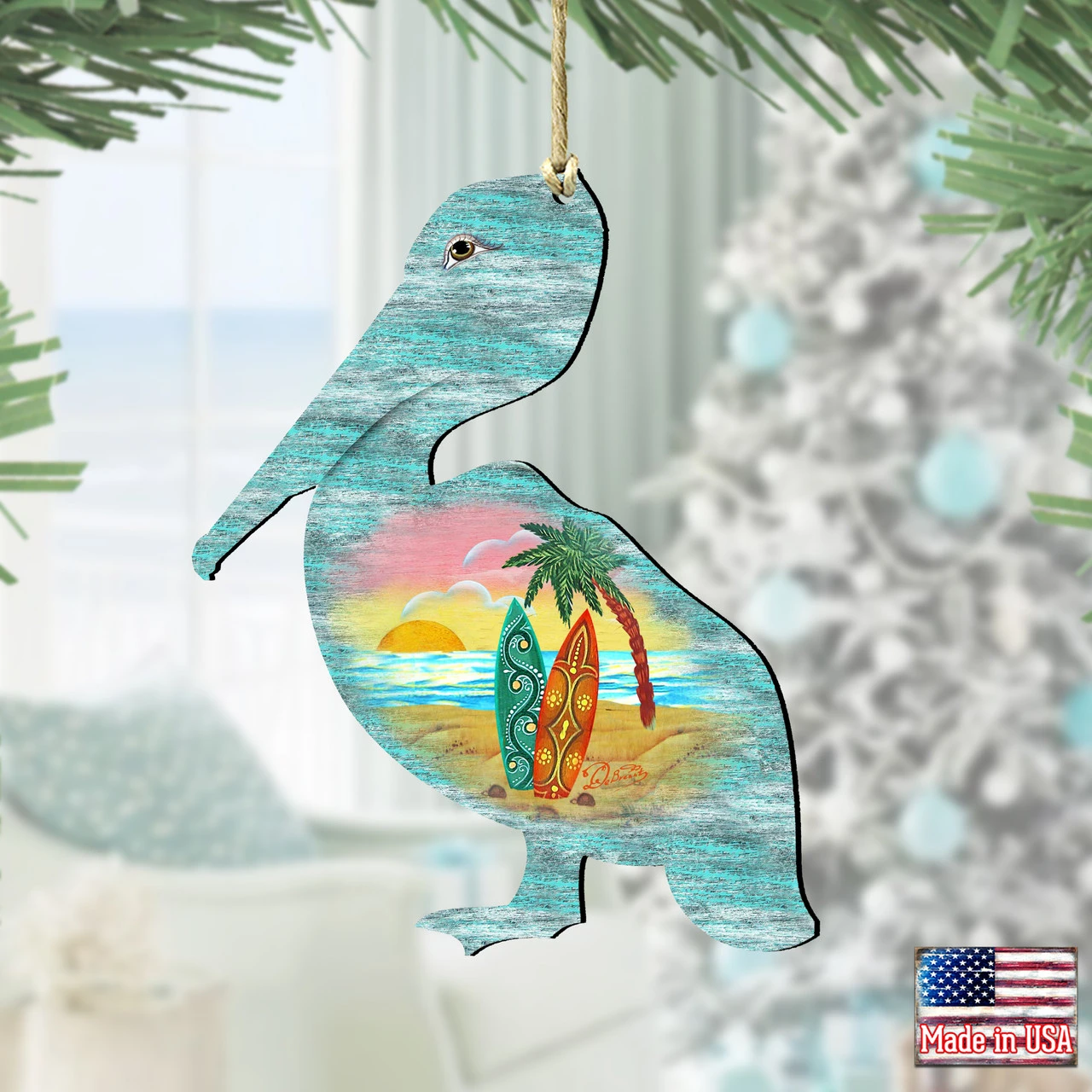 Set Of 2 Pelican Beach Scene Wooden Christmas Ornaments 5.5" 2 Set Of 2 Pelican Beach Scene Wooden Christmas Ornaments 5.5" - Image 2