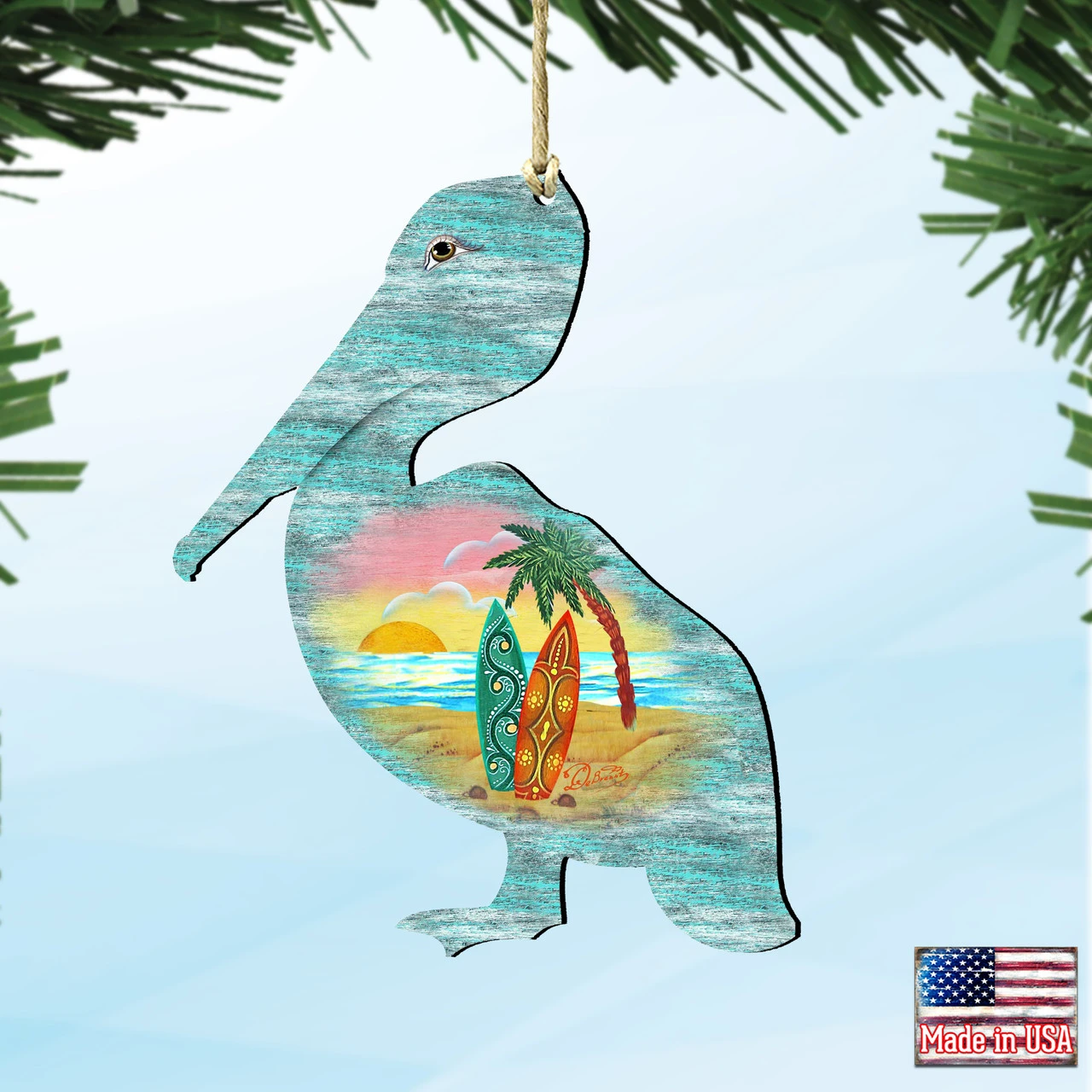 Set Of 2 Pelican Beach Scene Wooden Christmas Ornaments 5.5" 4 Set Of 2 Pelican Beach Scene Wooden Christmas Ornaments 5.5" - Image 4