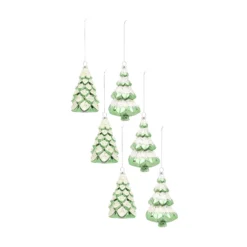 Set Of 6 Green And White Glass Christmas Tree Ornaments 5.75"