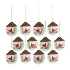 Set Of 12 White And Brown Cardinal Pine "Joy" And "Peace" Christmas Ornament 4.50"