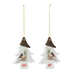 Set Of 12 White And Brown Clay Chickadee Tree "Joy" And "Peace" Christmas Ornament 4.75"