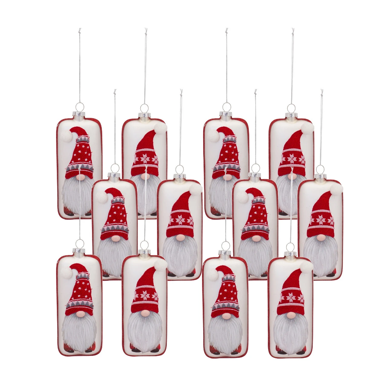 Set Of 12 Red And White Glass Gnome Christmas Ornament 6.25" 1 Set Of 12 Red And White Glass Gnome Christmas Ornament 6.25"
