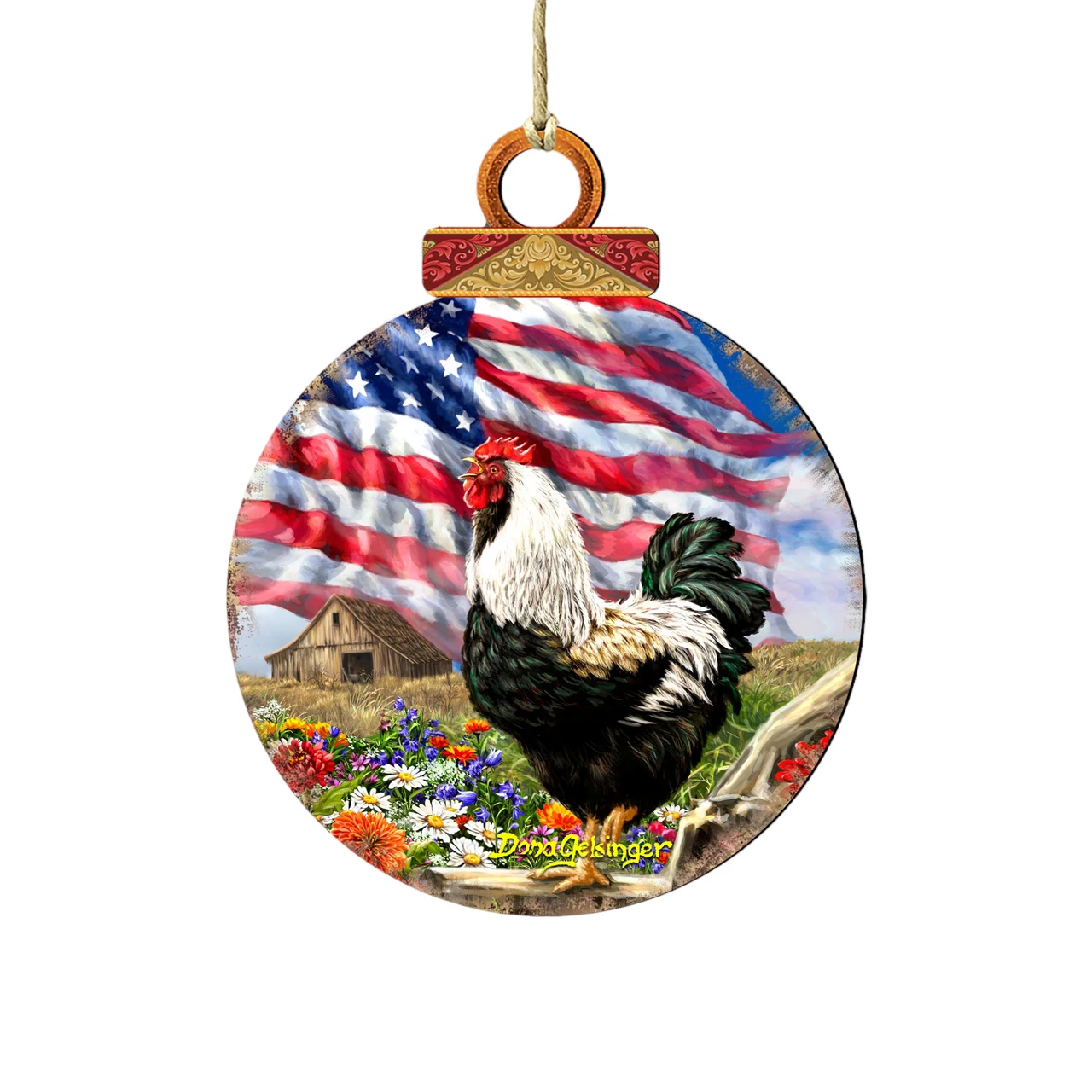 Set Of 2 Rooster American Flag Wooden Christmas Ornaments 5.5" 1 Set Of 2 Rooster American Flag Wooden Christmas Ornaments 5.5"