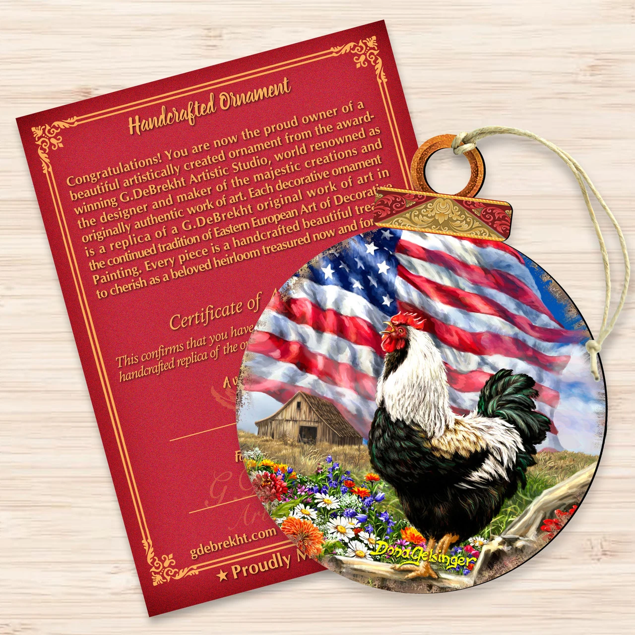 Set Of 2 Rooster American Flag Wooden Christmas Ornaments 5.5" 3 Set Of 2 Rooster American Flag Wooden Christmas Ornaments 5.5" - Image 3