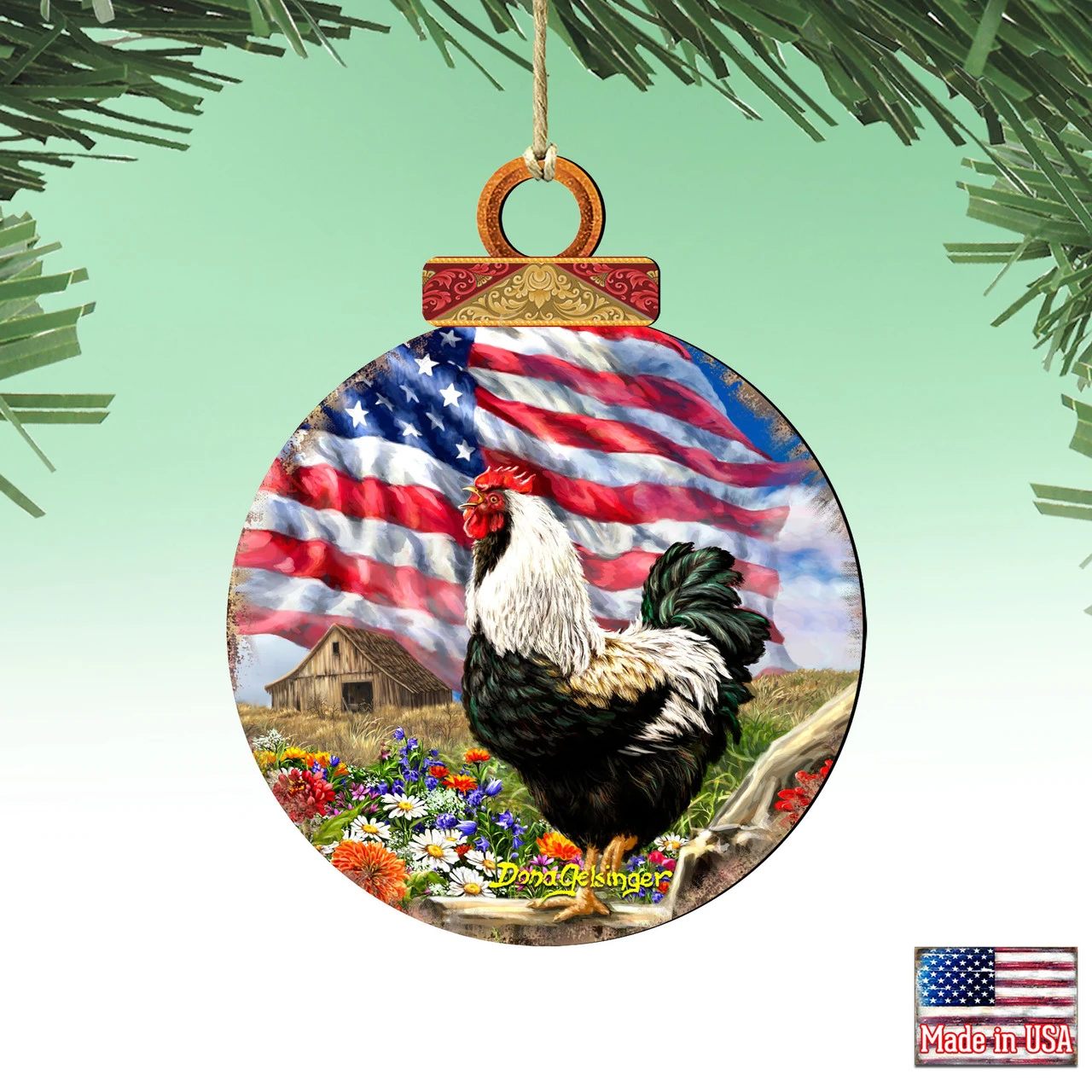 Set Of 2 Rooster American Flag Wooden Christmas Ornaments 5.5" 4 Set Of 2 Rooster American Flag Wooden Christmas Ornaments 5.5" - Image 4