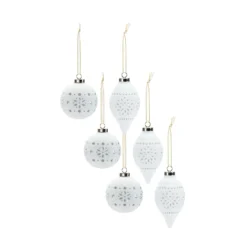Set Of 6 White Finish Snowflake Porcelain Christmas Ball Ornament 4-5.5"