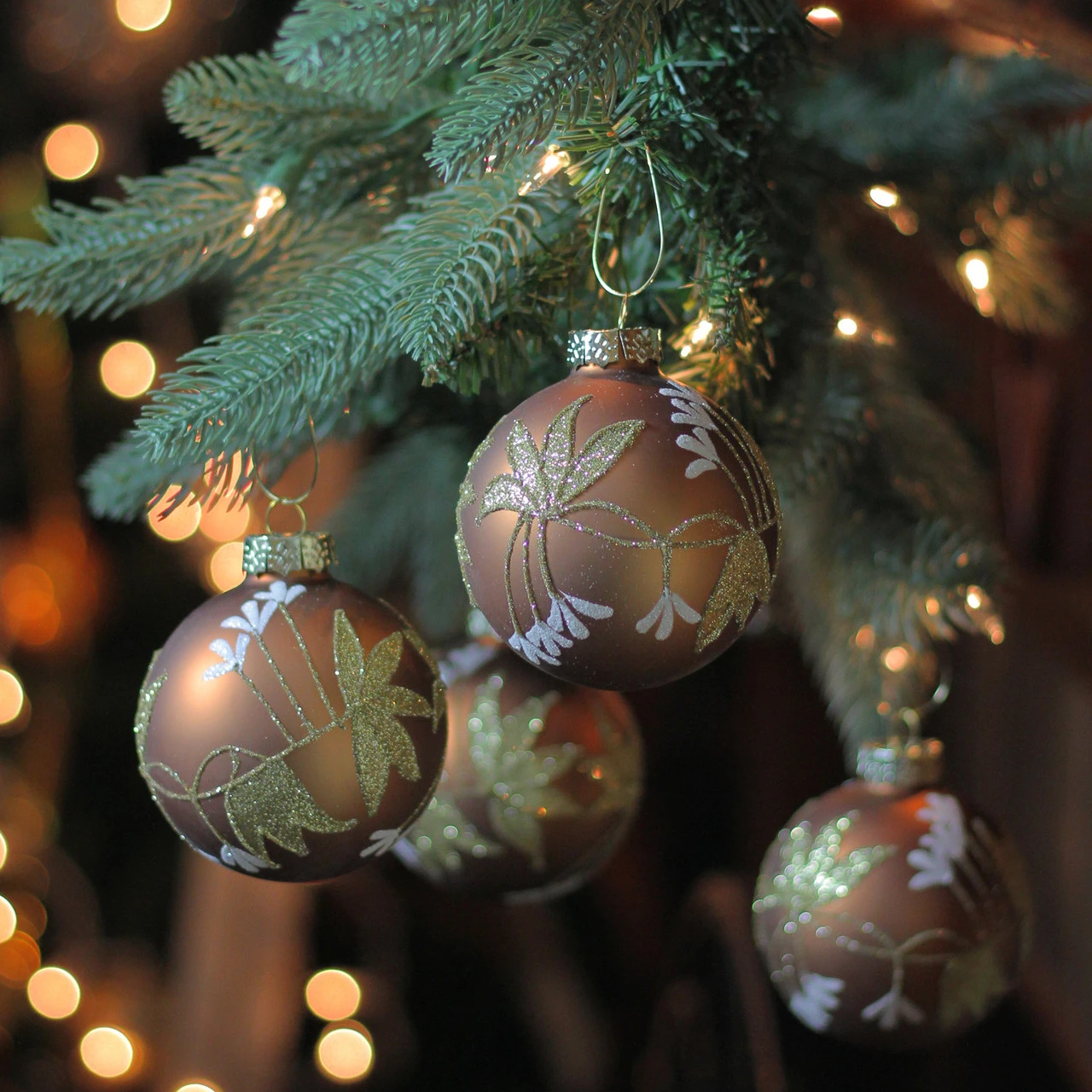 4ct Brown And Gold 2-Finish Floral Glass Christmas Ball Ornaments 3.25" (80mm) 2 4ct Brown And Gold 2-Finish Floral Glass Christmas Ball Ornaments 3.25" (80mm) - Image 2