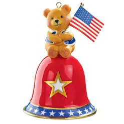 3" Red And Blue Teddy Bear Carlton On Bell Christmas Ornament