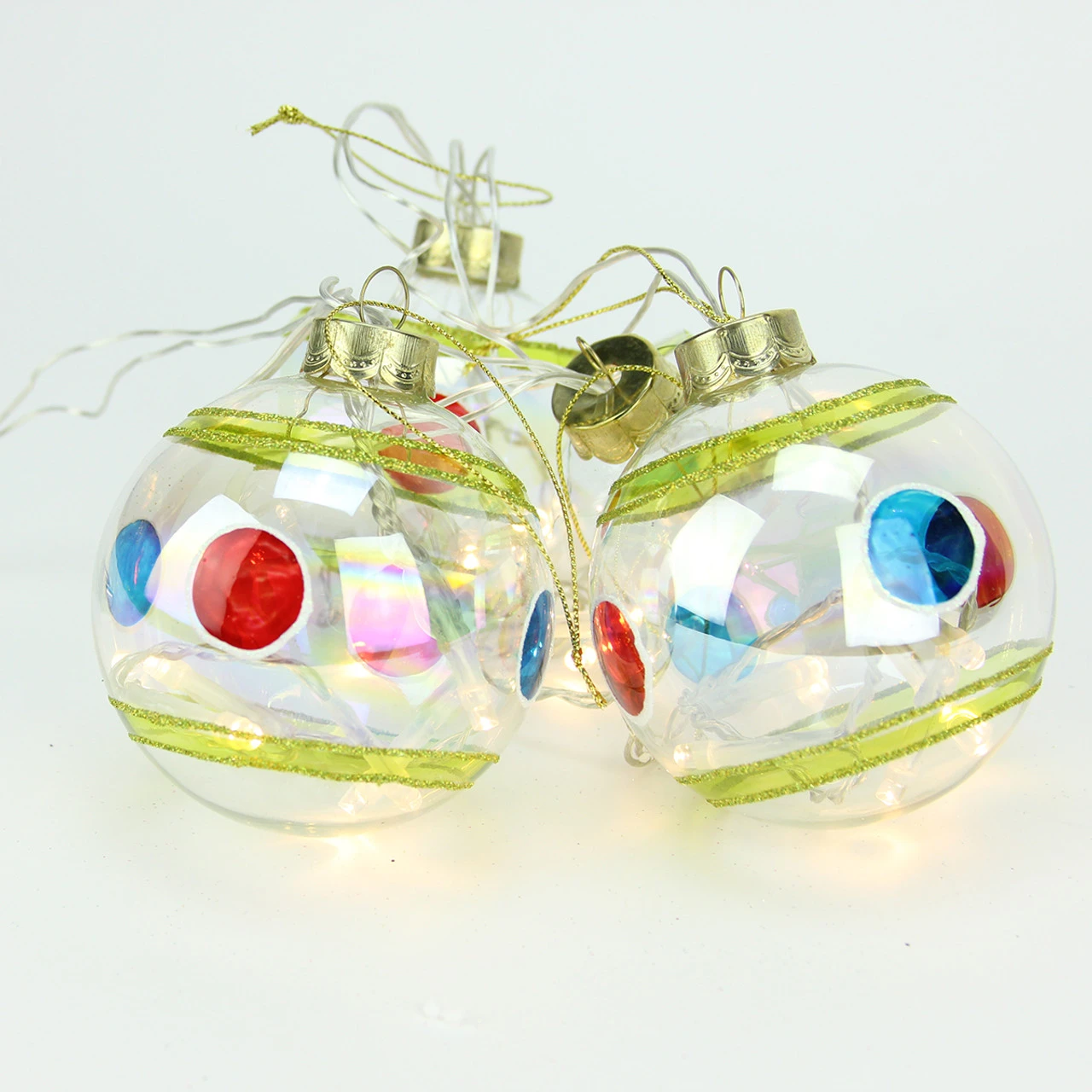 Set Of 4 Clear Battery Operated LED Lighted Stripe And Dot Lass Christmas Ball Ornaments 3.25" (80mm) 1 Set Of 4 Clear Battery Operated LED Lighted Stripe And Dot Lass Christmas Ball Ornaments 3.25" (80mm)