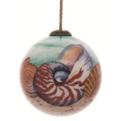 3” Green And Beige Sandy Beach Shell Hand Painted Mouth Blown Glass Hanging Christmas Ornament