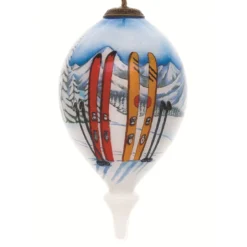 4.75” White And Blue Ski Vacation Hand Painted Mouth Blown Glass Hanging Christmas Ornament