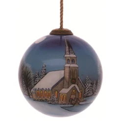 3” Blue And White Heart Of The Season Church Hand Painted Glass Hanging Christmas Ornament
