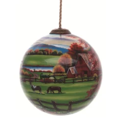 4” Idyllic Fall Scenery Hand Painted Mouth Blown Glass Hanging Christmas Round Ornament
