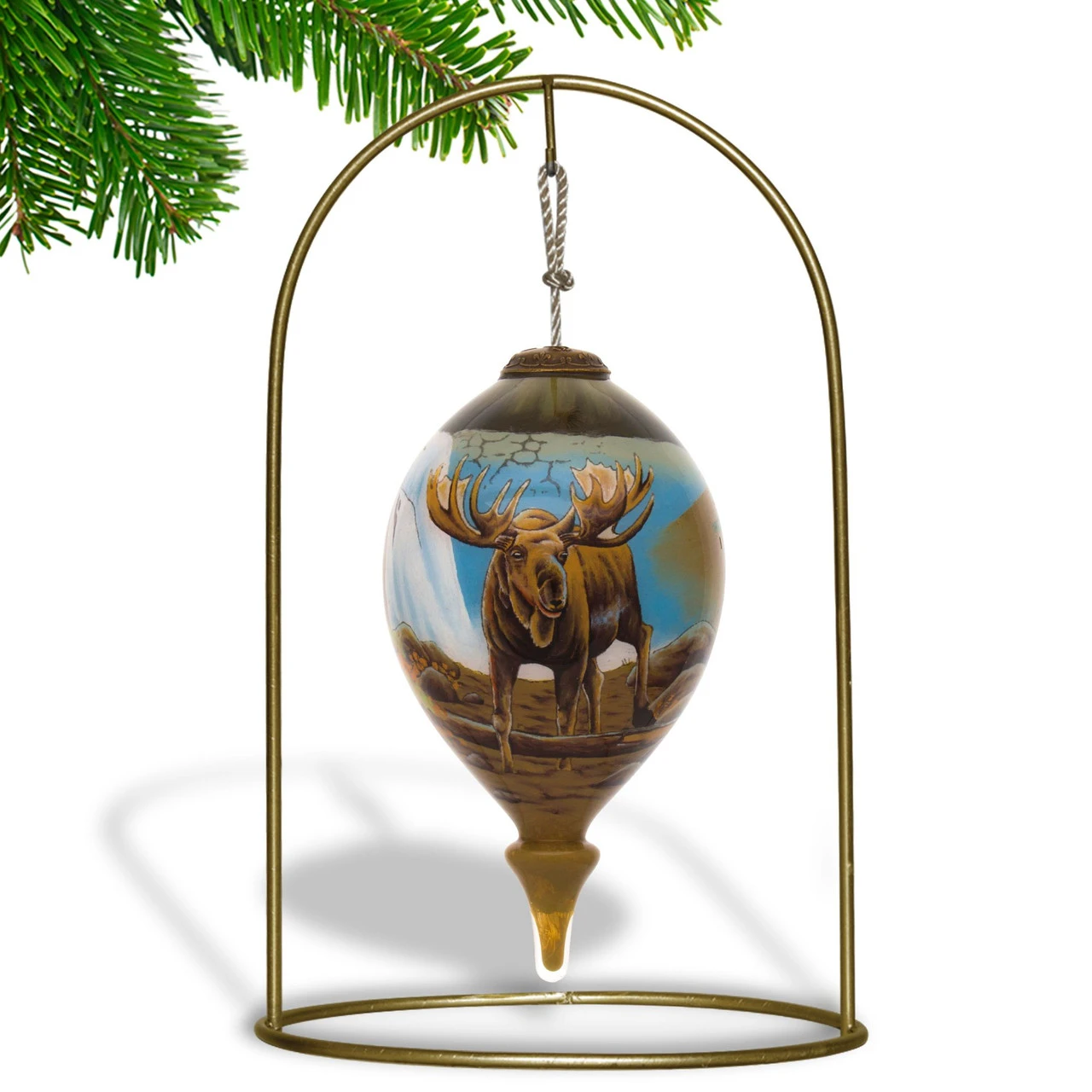 4.75” Brown And Blue Moose Hand Painted Mouth Blown Glass Hanging Christmas Ornament 3 4.75” Brown And Blue Moose Hand Painted Mouth Blown Glass Hanging Christmas Ornament - Image 3