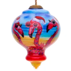 3.75” Pink And Blue Flamingos Hand Painted Mouth Blown Glass Hanging Christmas Ornament