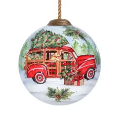 3" White And Green Holiday Wagon Hand Painted Round Glass Hanging Christmas Ornament