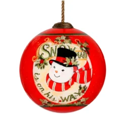 3" Red And White Snowman Is On His Way Christmas Glass Ball Ornament