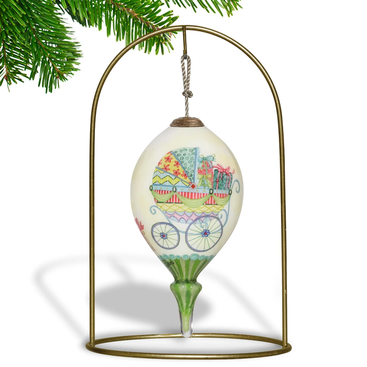 4.75” Ivory And Green Baby Carriage Hand Painted Mouth Blown Glass Hanging Christmas Ornament 4 4.75” Ivory And Green Baby Carriage Hand Painted Mouth Blown Glass Hanging Christmas Ornament - Image 4
