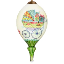 4.75” Ivory And Green Baby Carriage Hand Painted Mouth Blown Glass Hanging Christmas Ornament