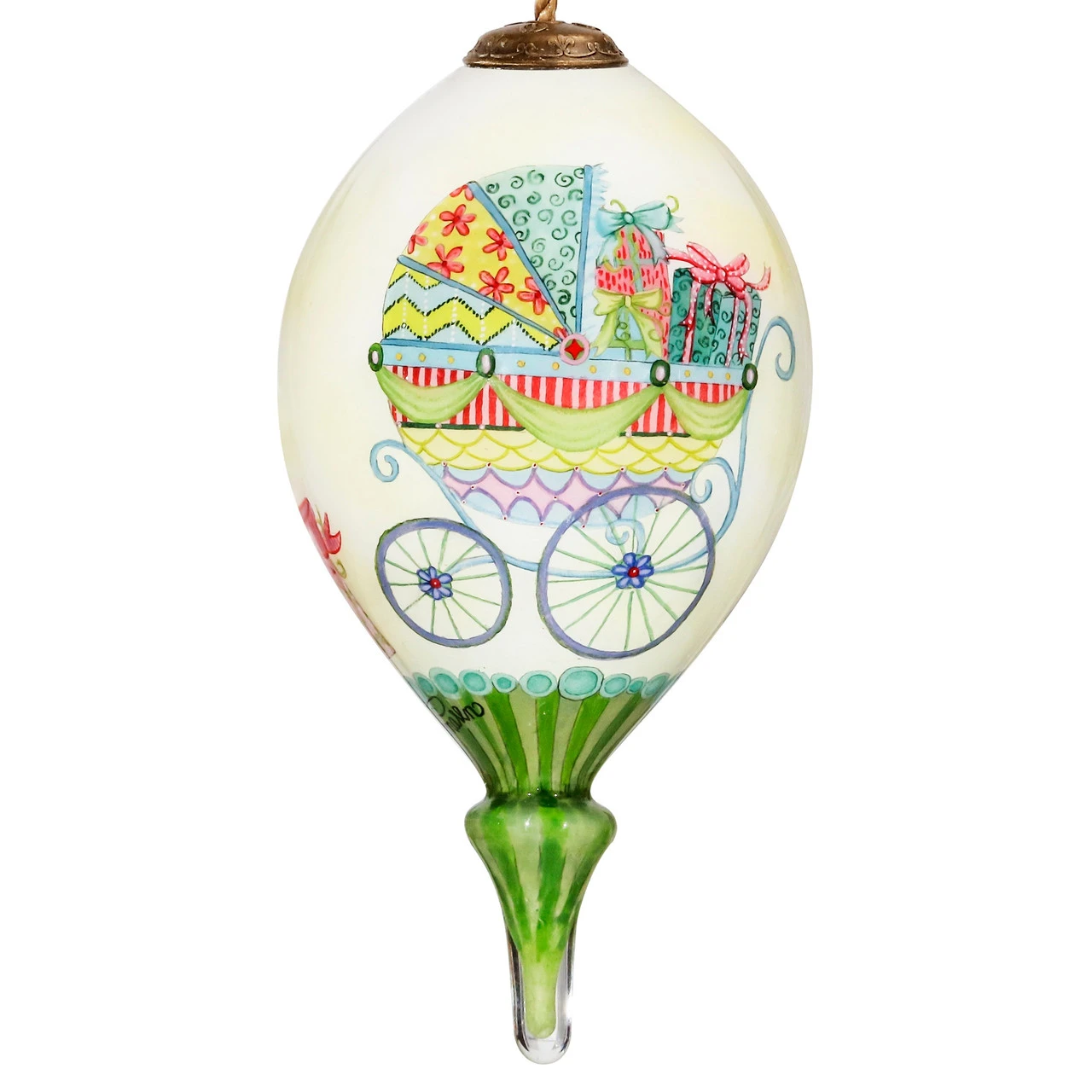 4.75” Ivory And Green Baby Carriage Hand Painted Mouth Blown Glass Hanging Christmas Ornament 1 4.75” Ivory And Green Baby Carriage Hand Painted Mouth Blown Glass Hanging Christmas Ornament