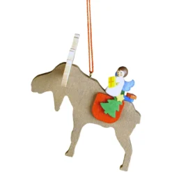 3" Brown, Red, And Green Angel On An Elk Collectible Christian Ulbricht Ornament