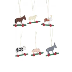 Set Of 6 Red, Green, And Brown Handcrafted Farm Animal Dregeno Easter Ornaments, 1.5"
