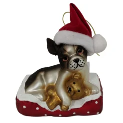 4" White And Red Dog With Santa Hat Figurine Christmas Ornament