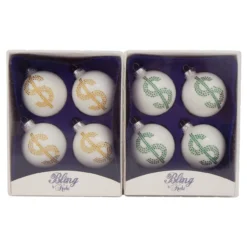 8ct Porcelain White Assorted Rhinestone Dollar Sign Christmas Ball Ornaments 2.5" (67mm)