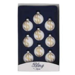 9ct Porcelain White And Gold Rhinestone Dollar Sign Christmas Ball Ornaments 2.25" (57mm)