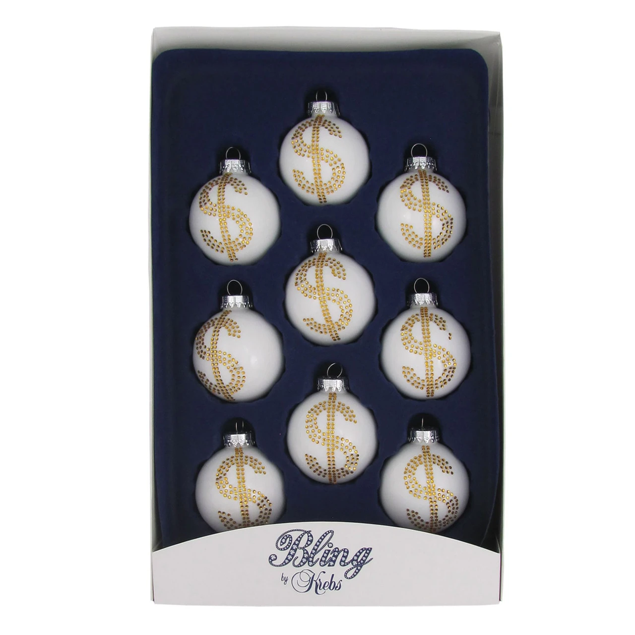 9ct Porcelain White And Gold Rhinestone Dollar Sign Christmas Ball Ornaments 2.25" (57mm) 1 9ct Porcelain White And Gold Rhinestone Dollar Sign Christmas Ball Ornaments 2.25" (57mm)