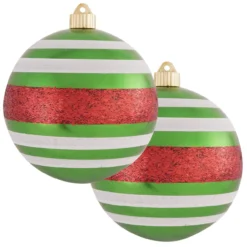 2ct Limeade And Red Striped Shatterproof Christmas Ball Ornament 6" (150mm)