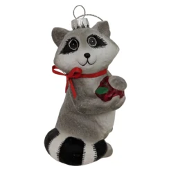4" Gray And Black Racoon With Apple Figurine Christmas Ornament