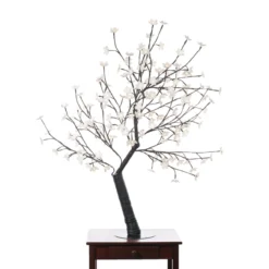 47.25" White And Black Outdoor Cherry Blossom Tree With Floral Lights