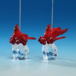 Pack Of 4 Clear And Red Cardinal Ice Cube Christmas Ornaments 3"