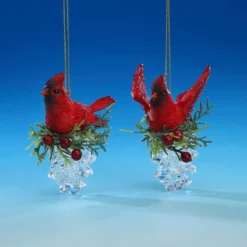 Set Of 4 Red And Green Cardinal Pine Cone Ornaments 3.25"