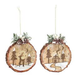 Set Of 6 Brown Cabin And Deer Christmas Disc Ornaments 4.5"