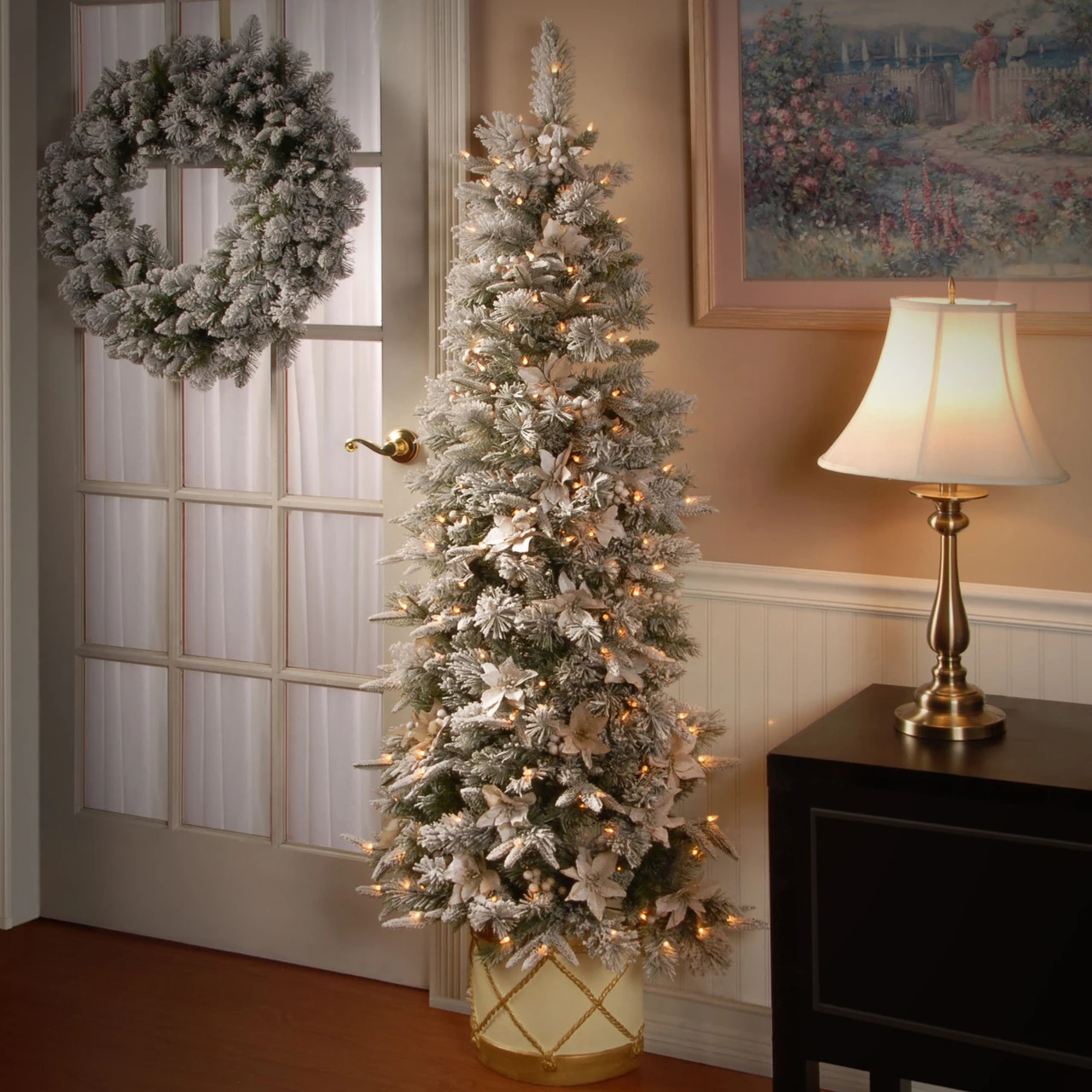 6' Pre-Lit Slim Frosted Colonial Artificial Half Wall Christmas Tree - Clear Lights 2 6' Pre-Lit Slim Frosted Colonial Artificial Half Wall Christmas Tree - Clear Lights - Image 2
