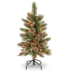 3' Pre-Lit Glittering Pine Pencil Slim Artificial Christmas Tree – Multicolor Incandescent Lights