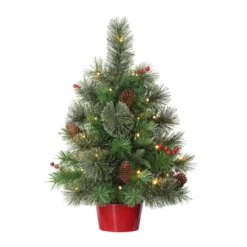 2' Pre-Lit Potted Table Top Artificial Christmas Tree In Red Base, Warm White Lights