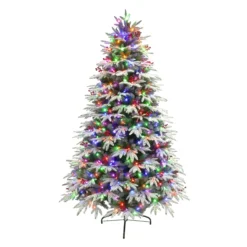 7.5' Pre-lit Flocked Halifax Fir Artificial Slim Christmas Tree, Color Select LED Lights