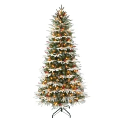 7.5' Pre-Lit Slim Flocked Halifax Fir Artificial Christmas Tree, Clear Lights