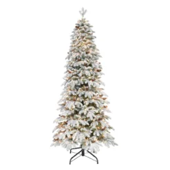 7.5' Pre-Lit Flocked Slim Spruce Artificial Christmas Tree With Clear Incandescent Lights