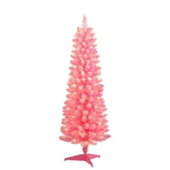 4.5' Pre-Lit Pencil Flocked Pink Artificial Christmas Tree, Clear Lights