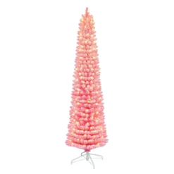 6.5' Pre-lit Flocked Fashion Pink Pencil Artificial Christmas Tree, Clear Lights