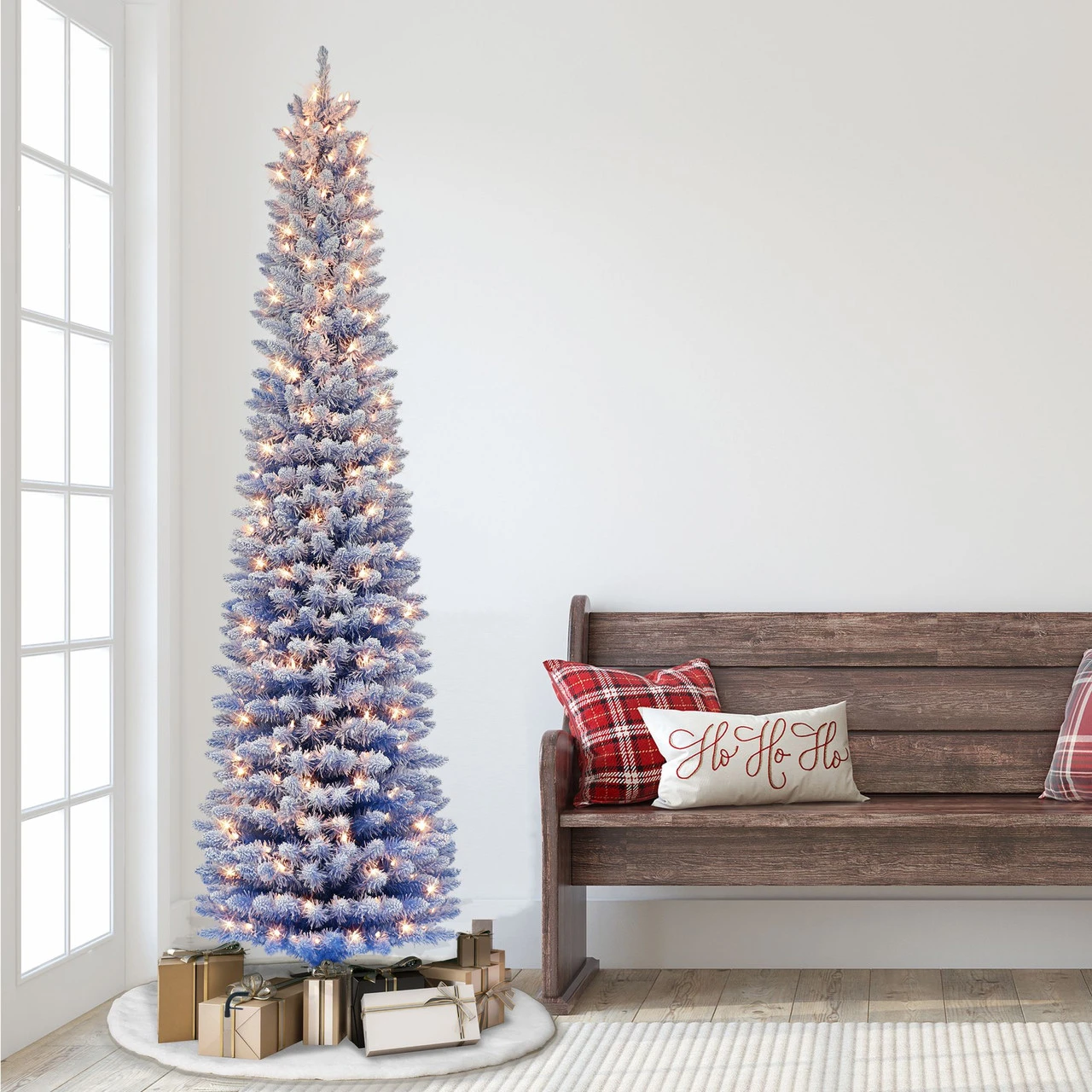 7.5' Pre-lit Flocked Fashion Blue Pencil Artificial Christmas Tree, Clear Lights 2 7.5' Pre-lit Flocked Fashion Blue Pencil Artificial Christmas Tree, Clear Lights - Image 2