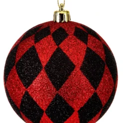 Set Of 6 Red And Black Glittered Harlequin Ball Ornament, 11.5" (100mm)