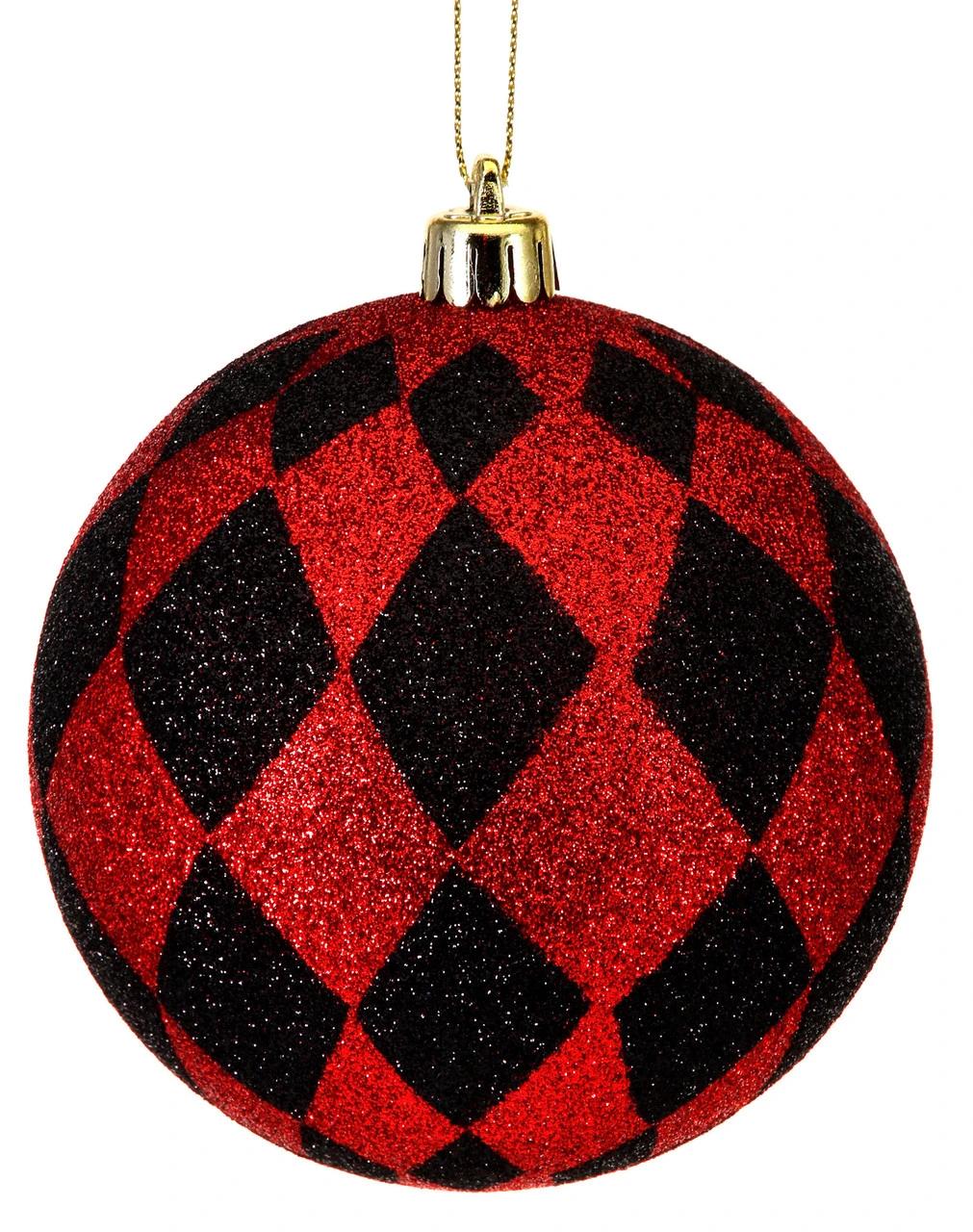 Set Of 6 Red And Black Glittered Harlequin Ball Ornament, 11.5" (100mm) 1 Set Of 6 Red And Black Glittered Harlequin Ball Ornament, 11.5" (100mm)