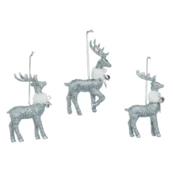 Set Of 3 Silver Shimmer Fur Collar Reindeer Christmas Ornaments 5"